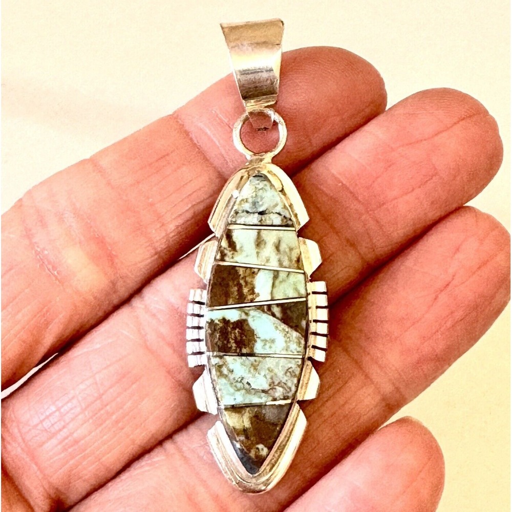 Navajo Number 8 Turquoise Pendant 2.25in Signed Etcity Native‎ BE 925 Marquis